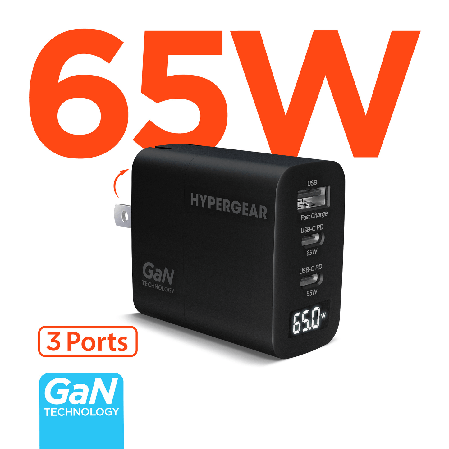 SpeedBoost 65W USB-C PD Tri-Port GaN Laptop Charger with PPS and Digital Display
