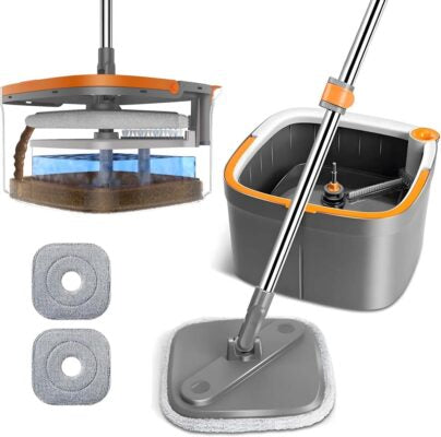 """Spin Mop and Bucket Set
with Separate Dirty Water System
(with 2 replacement mop pads)"""