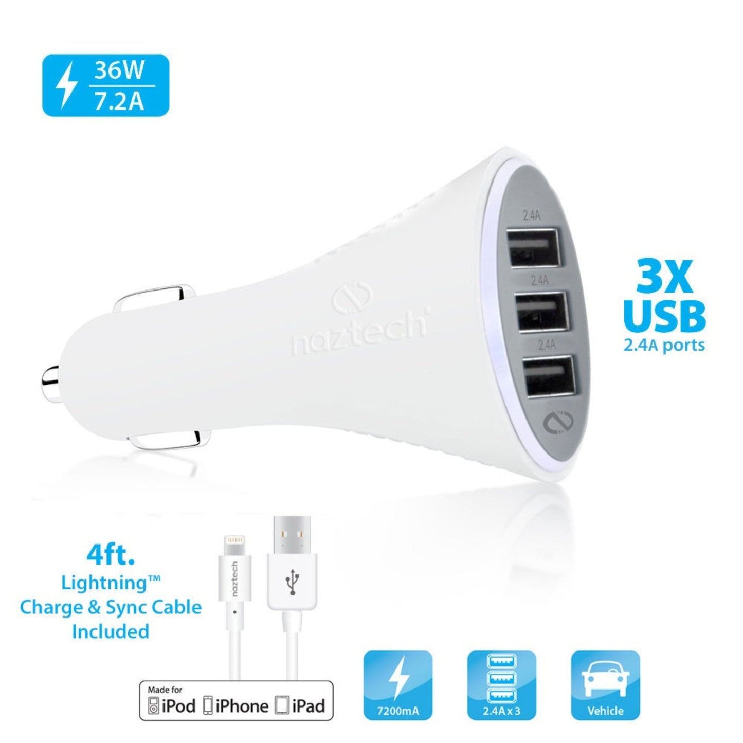 Turbo T3 MFi Lightning 7.2A Vehicle Charger