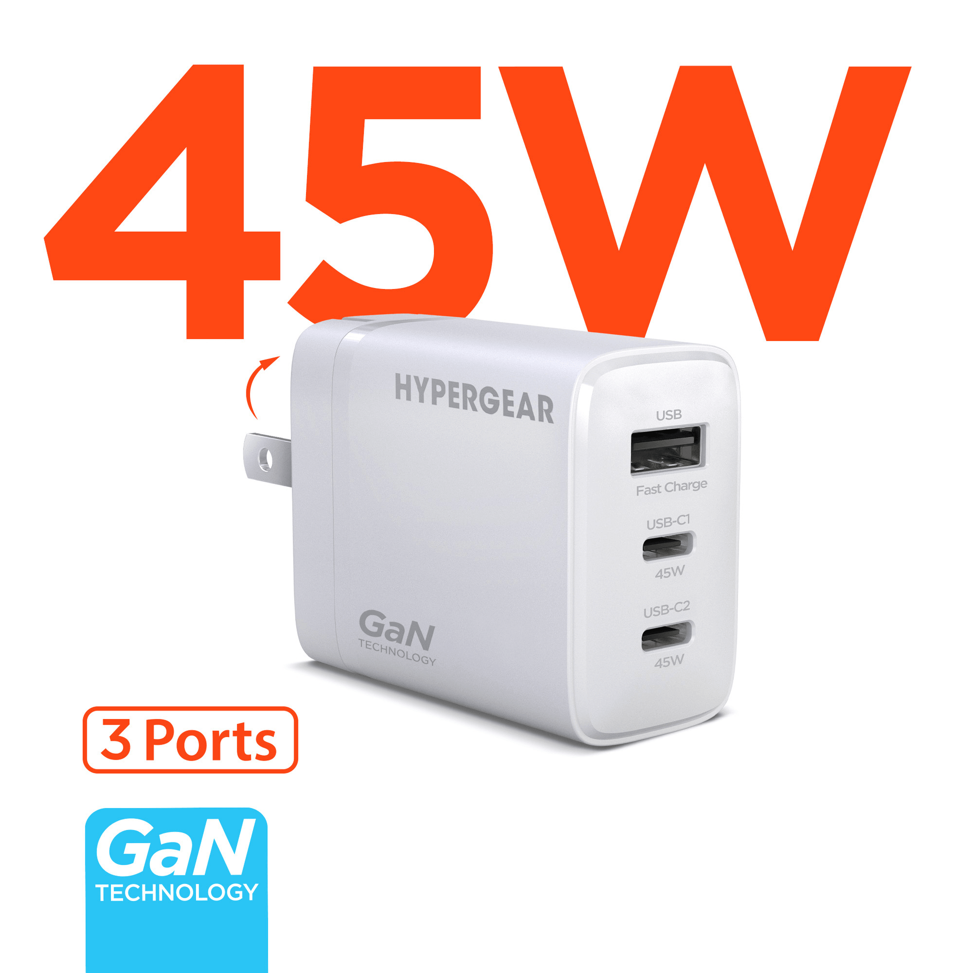 SpeedBoost 45W USB-C PD Tri-Port GaN Fast Wall Charger with PPS