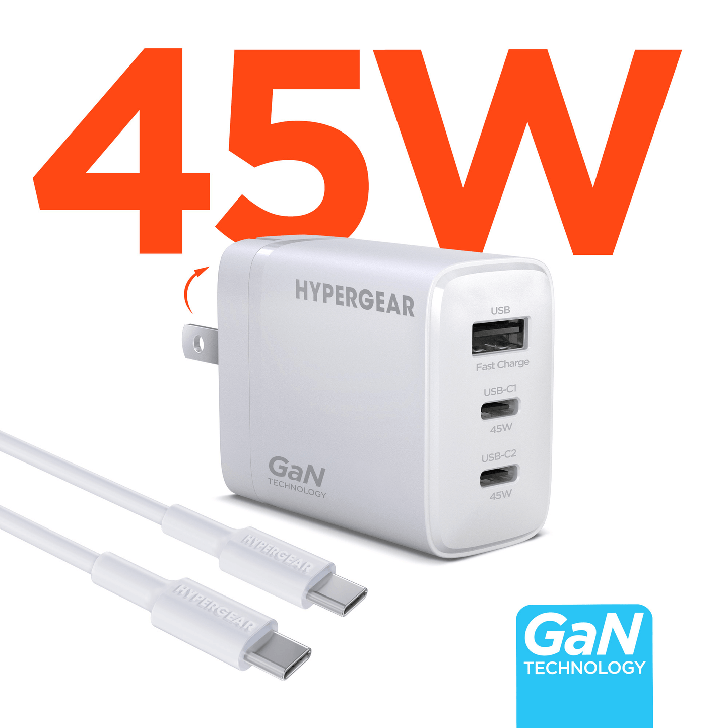SpeedBoost 45W USB-C PD Tri-Port GaN Fast Wall Charger with PPS and 6ft USB-C Cable